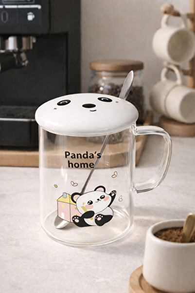 Two Two Panda Glass Mug with Lid 360ml – Cute Cup with Ceramic Lid and Spoon ...