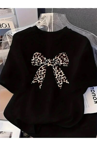 oneagılyazı Leopard Ribbon Printed Oversized Unisex Women's Crew Neck T-Shirt