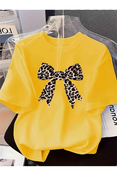 oneagılyazı Leopard Ribbon Printed Oversized Unisex Women's Crew Neck T-Shirt