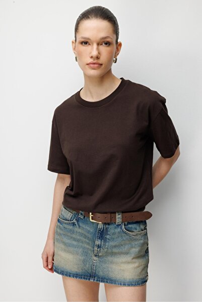 Mixray 4851 Kadın Oversize Fit Bisiklet Yaka Basic T-Shirt Kahve