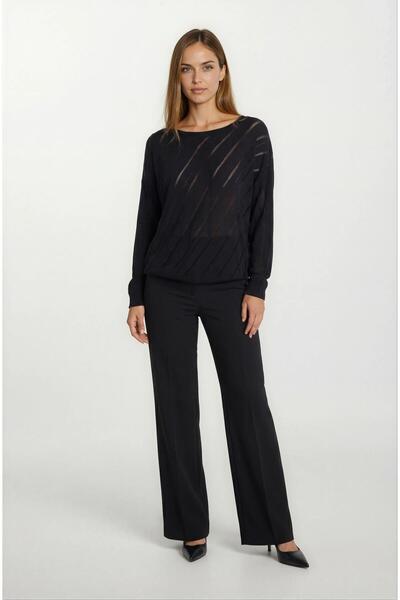 Spazio Rossovich Yuvarlak Yaka Transparan Çizgi Detaylı Triko SİYAH