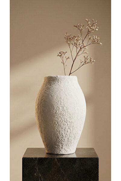 özgürce Beyaz Taş Dokulu Modern Bohem Vazo ile Kuru Çiçek ve Pampas Heykelciği