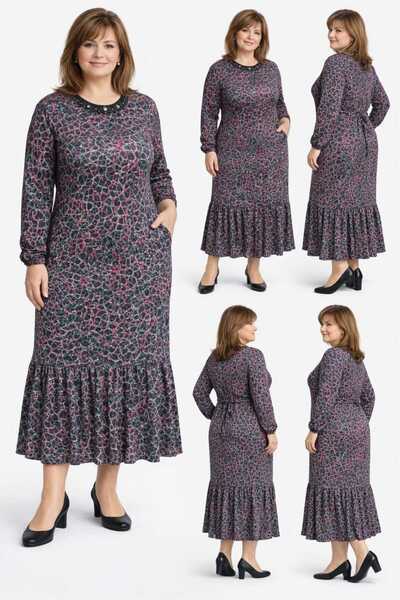 BİrHoşButik Plus Size Full Lycra Pleated Dress with Lace-Up Sleeves, Elastica...