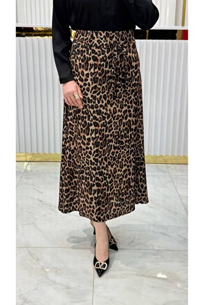 KLAPA Leopard Belted Satin Skirt