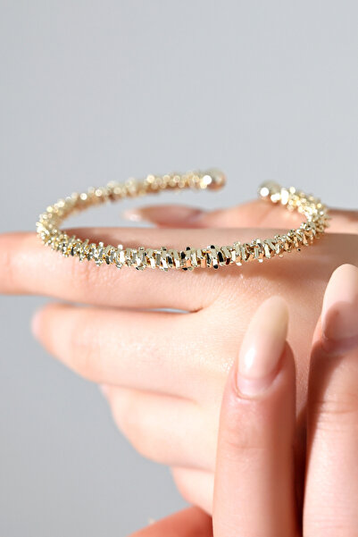 LooRen Butik Altın Renk Ajda Model Tırtıklı Tasarım Modern Kelepçe Bileklik L...