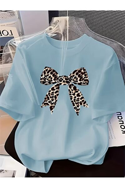 oneagılyazı Leopard Ribbon Printed Oversized Unisex Women's Crew Neck T-Shirt