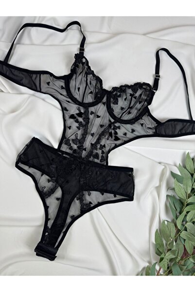 İNKO İÇ GİYİM Black Heart Underwire Satin Detailed Bodysuit with Six Snaps