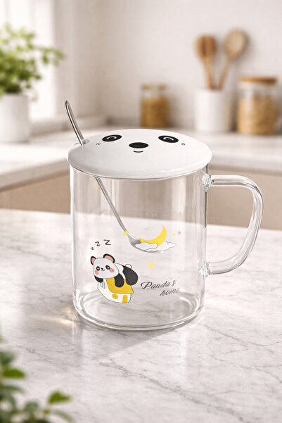 Two Two Panda Glass Mug with Lid 360ml – Cute Cup with Ceramic Lid and Spoon ...