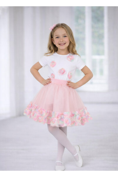 BLACK SWALLOW Girl's 23 April 29 October Show Outfit Rose Detailed T-Shirt Fl...