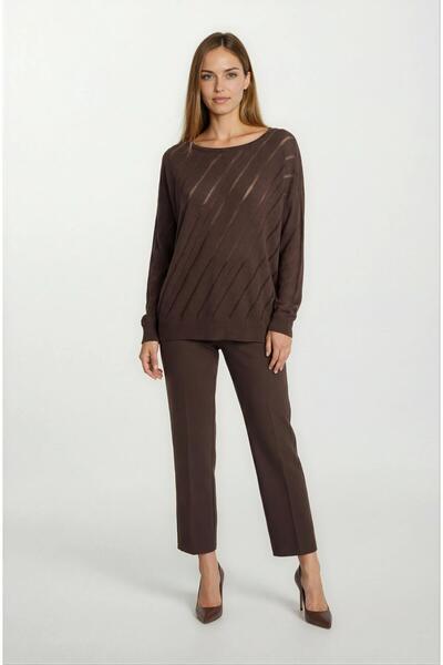 Spazio Rossovich Yuvarlak Yaka Transparan Çizgi Detaylı Triko KAHVE