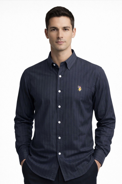 U.S. Polo Assn. Mens Dark Grey Vertical Stripes Tailored Fit Cotton Shirt