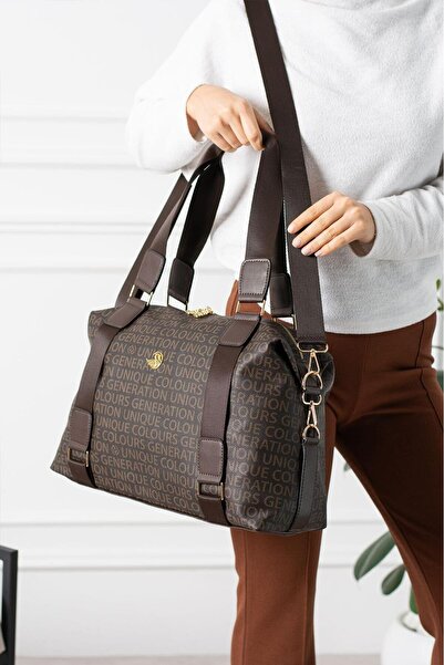 Çanta Trend Brown Lettered Unisex Soft Faux Leather Casual Hand Shoulder Spor...