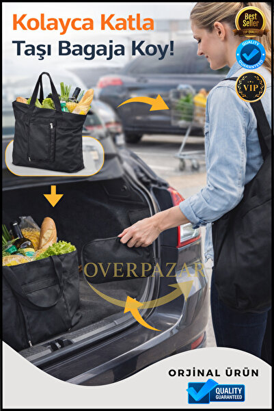 Overbazaar Katlanabilir Alışveriş Çantası Fermuarlı Kese İçine Katlanan Büyük Hacimli Seyahat & Market Çantası
