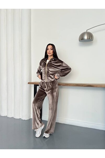 timagna Kadın Alt Üst Takım Fermuarlı Kadife Kapüşonlu Hırka Geniş Paça Panto...
