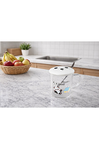 Two Two Panda Glass Mug with Lid 360ml – Cute Cup with Ceramic Lid and Spoon ...