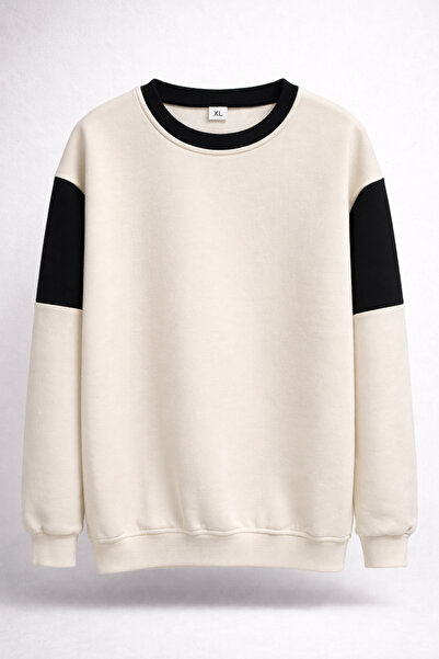 cekud tasarım baskı Krem Siyah Parçalı Sweatshirt Unisex Basic XL Bisiklet Yaka