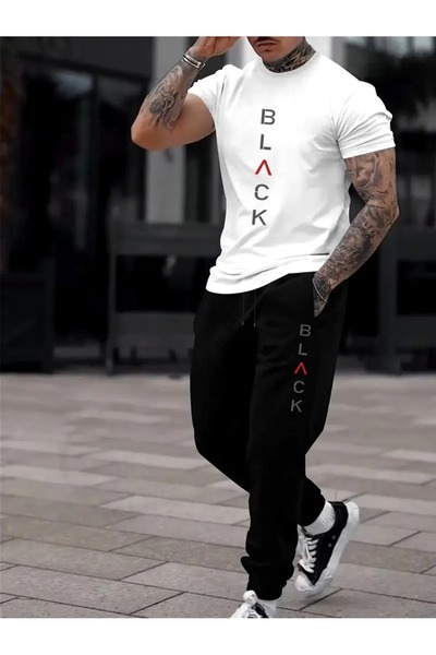 puolikuu Men's Oversize Tracksuit Set - Black Printed T-Shirt - Tracksuit