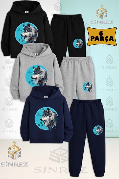 SİNREZ Children's Unisex Wolf Gray Turquoise Canvas 3-Piece Hooded Tracksuit Set