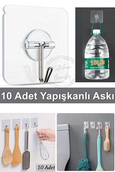 Kitchen Beauty 10 Adet Güçlü Kendinden Yapışkanlı Şeffaf Askı Mutfak,Banyo As...