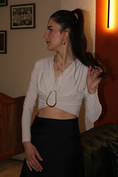 Desen Degaje Yaka Vatkalı Crop Bluz