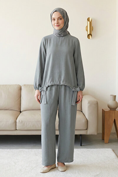 FERHEL Women's Drawstring Shalwar Trousers Ayrobin Loose Fit Set - Gray