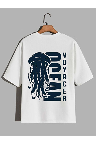 Rivox Unisex White Oversize T-Shirt Cotton Fabric Voyager Printed