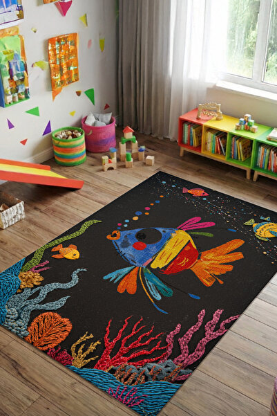 The Reef Design Renkli Balık Desenli Çocuk Halısı Yıkanabilir Kaymaz Dijital ...