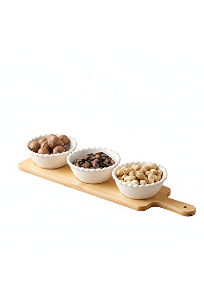 SHALLOW 3PCS Round Porcelain Bowl Set with Bamboo Stand – 13cm White New Bone...