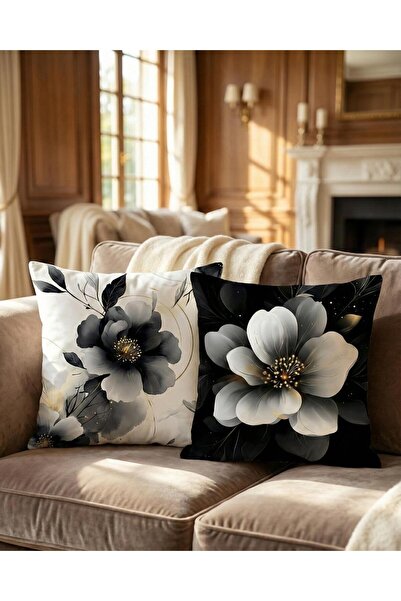 menesahome Black and White Floral Patterned Modern Decorative Digital Printed...
