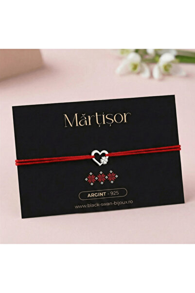 BLACK SWAN Bijoux Martisor Heart and 4-leaf Clover 925 Silver Cord Bracelet