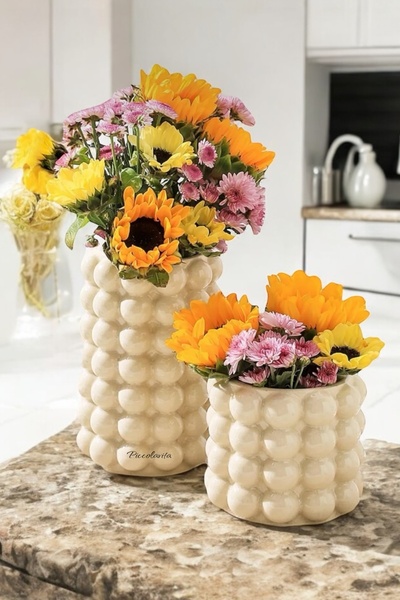 özgürce Şık 2'li Bubble Vazo Seti, Çeyizlik Büyük ve Küçük Parlak Beyaz Vazolar