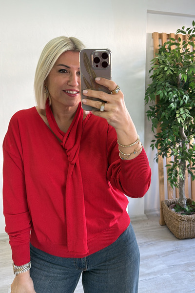 By Esra Celkan Red V-Neck Thin Knitwear with Shawl Detail