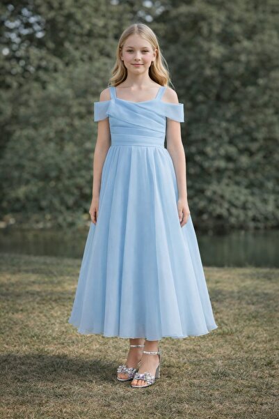 Tarz Çocuk Kız Çocuk Şifon Midi Boy Abiye Elbise – Omuz Dekolteli, Tül Detayl...