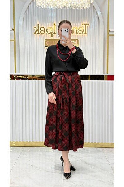 KLAPA Plaid Satin Elastic Long Skirt