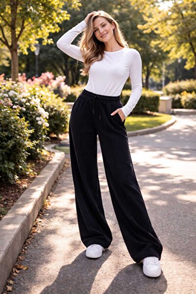 PENGORA Women's Black Baggy Sweatpants Wide Leg High Waist Elastic Drawstring...