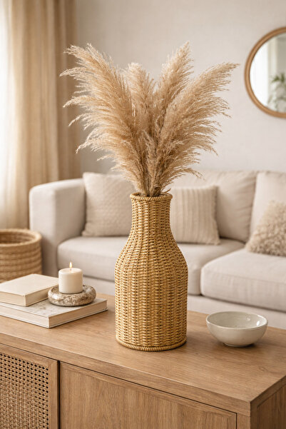 özgürce El Yapımı Hasır Rattan Vazo, Uzun İnce Bohem Tasarım, 30 cm