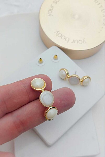 KYOLA DESİGN Pearl and White Enamel 3 Ball Gold Women's Earrings (Located in ...