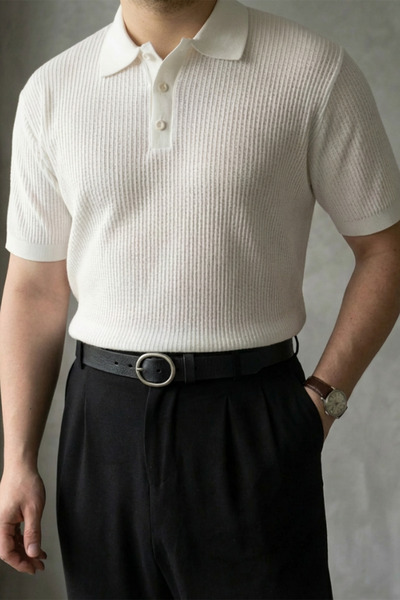 MENOFOURSWEAR Men's Old Money Stripe Textured Short Sleeve Polo Collar T-Shirt