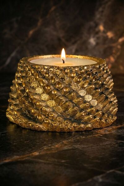 Evene Altın Eskitme Mumluk Şamdan Tealight Ve Ince Mum Uyumlu Model 40