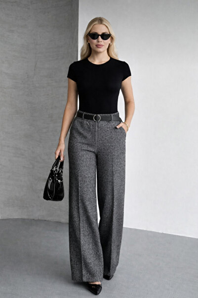 mor butik Women's Black Jacquard Fabric Trousers Ihs444