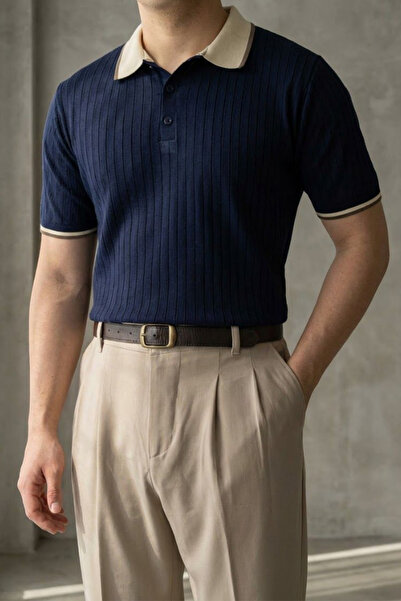 MENOFOURSWEAR Ανδρικό πλεκτό μπλουζάκι με κοντό μανίκι και λαιμόκοψη πόλο, στ...