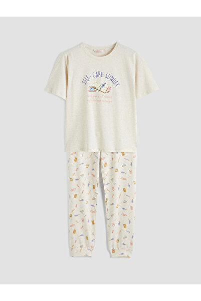 LC Waikiki Σετ γυναικείες πιτζάμες LCW DREAM Beige Crew με στάμπα