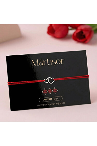 BLACK SWAN Bijoux Martisor bracelet with string and two hearts made of 925 si...
