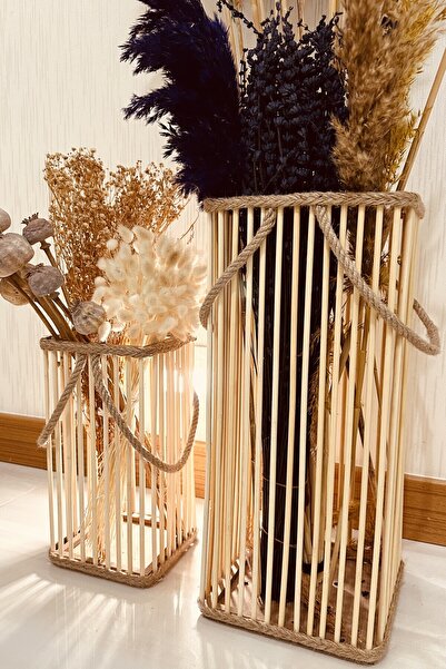 özgürce Bambu ve Ahşap Vazo Çift Seti, Çiçeklik ve Dekoratif Fener Mumlukleri