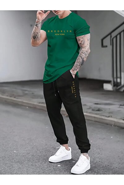 puolikuu Men's Oversize Tracksuit Set - Printed Tshi̇rt with the Word Brklyn ...