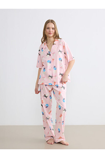 LC Waikiki Rmz Gi̇yi̇m Farkiyla Shirt Roba Collar Embroidered Women's Pajama Set