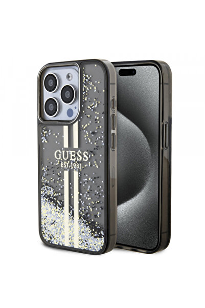 Guess Case for Apple iPhone 15 Pro, Guess, Liquid Glitter Gold Stripe, Black