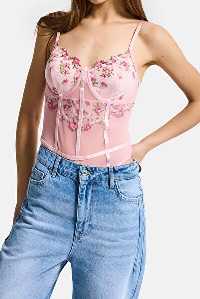 it's basic Women's Pink W5 Snap-On Gathering Strap Bodysuit with Special Flor...