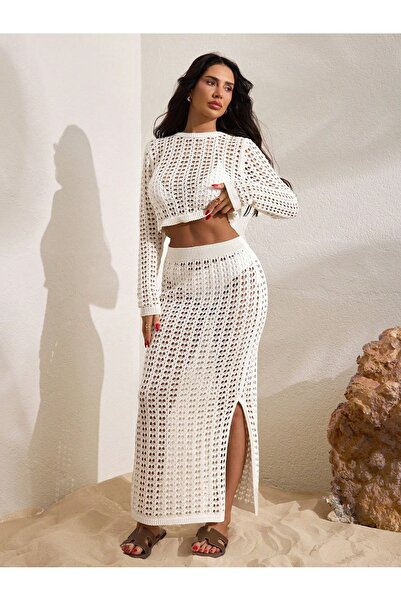 DEHA textile Cream Color Openworked Slit Skirt Suit