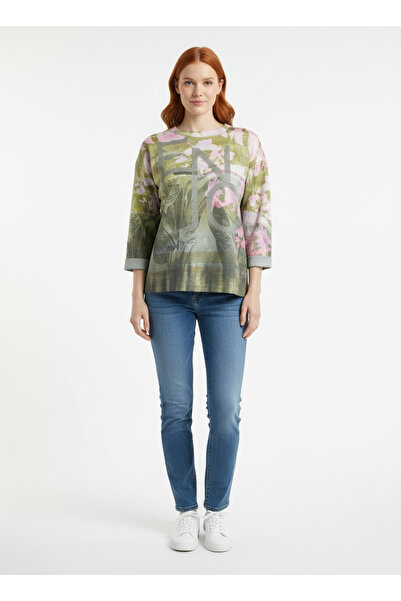 Neden Tekstil Green Pink Botanical Patterned Glittery Banded Half Sleeve Swea...